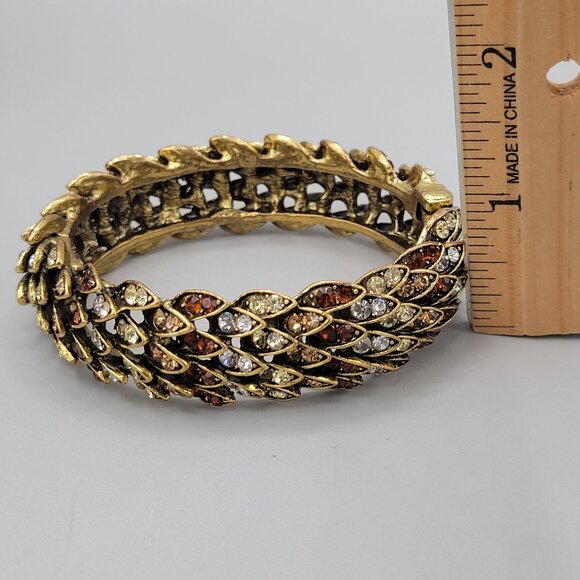 Rhinestone Feather Hinged Bangle Bracelet Clamper Tan White Gold Tone Metal - Picture 7 of 9